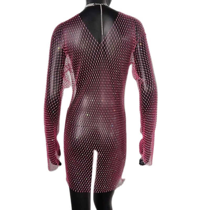 Bling Rhinestones Fishnet Mini Dress Sexy Long Sleeve Crystal Dress