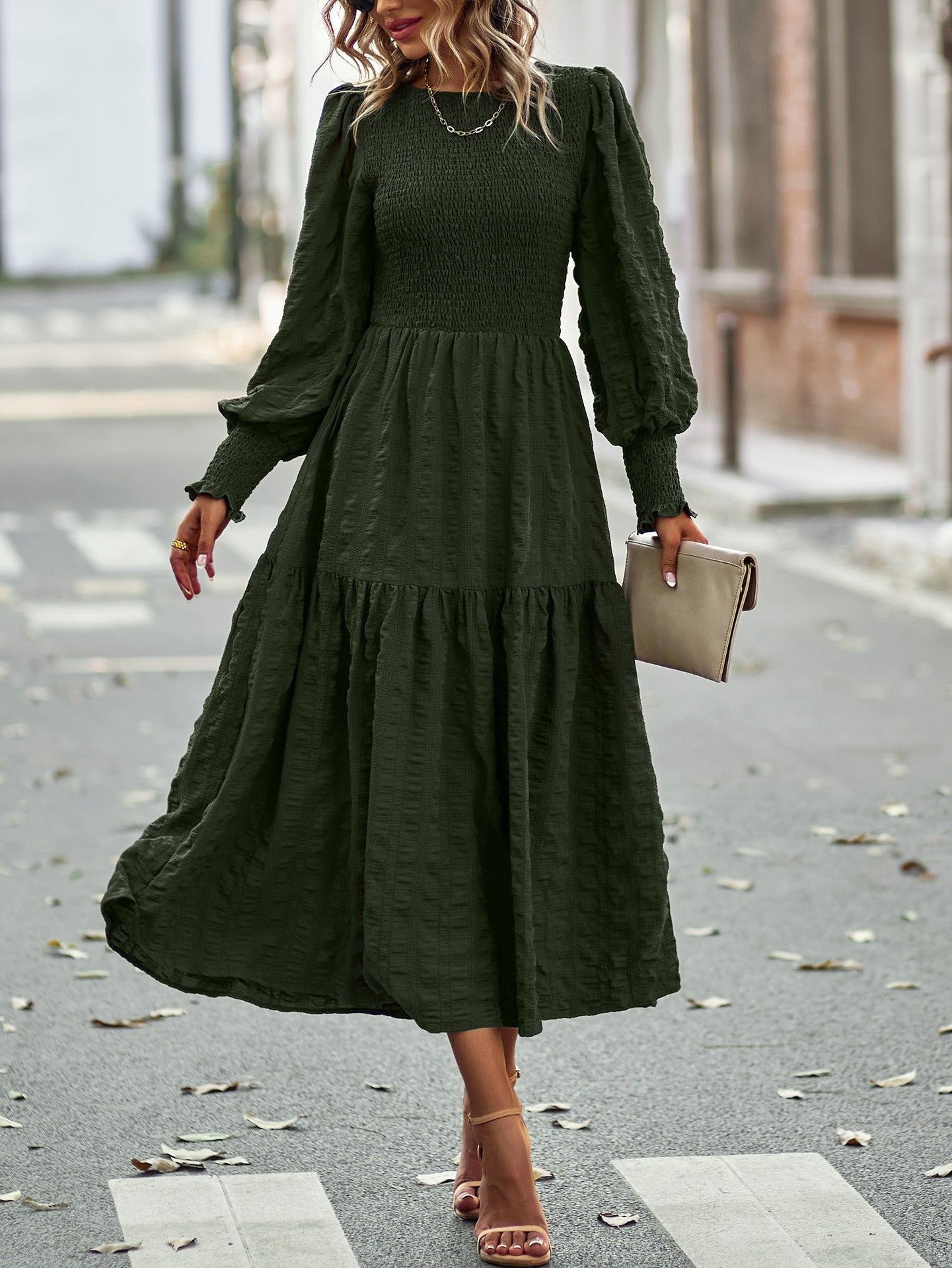 Bohemia A-line Solid Lantern Sleeve Maxi Dress