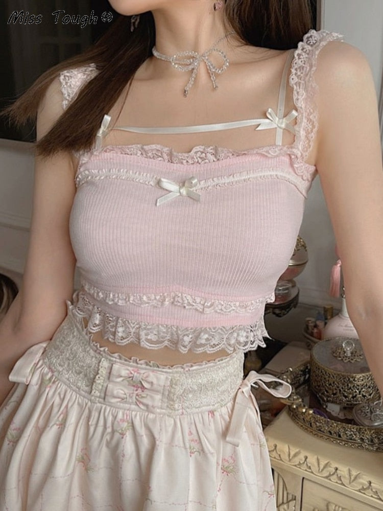 White Korean College Style Sweet Tank Top Bow Lace France Princess Vset