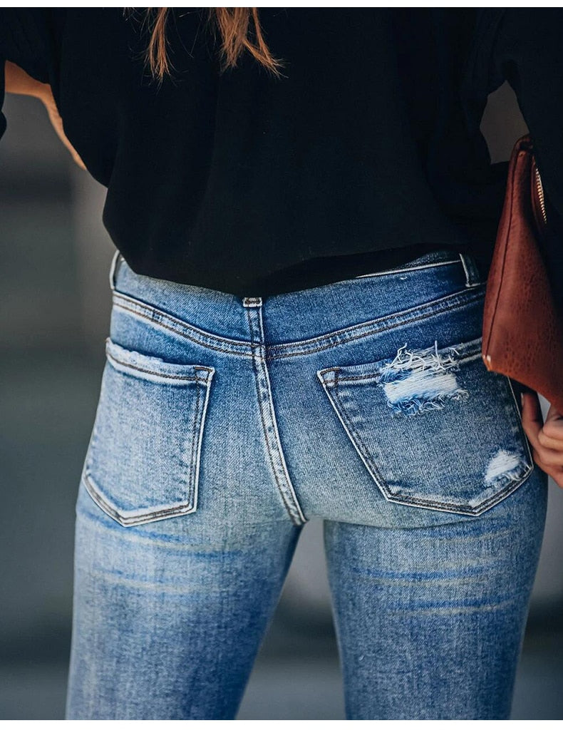 WomenJeans Blue Hight Waist Streetwear Ripped Casual Fashion Denim Pencil Pants