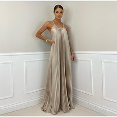 Pleated Long Halter Sleeveless Sling Banquet Dress