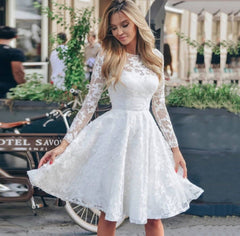 White Lace Hook Flower Hollow Patchwork Boho Long Sleeve Dresses Wedding Party