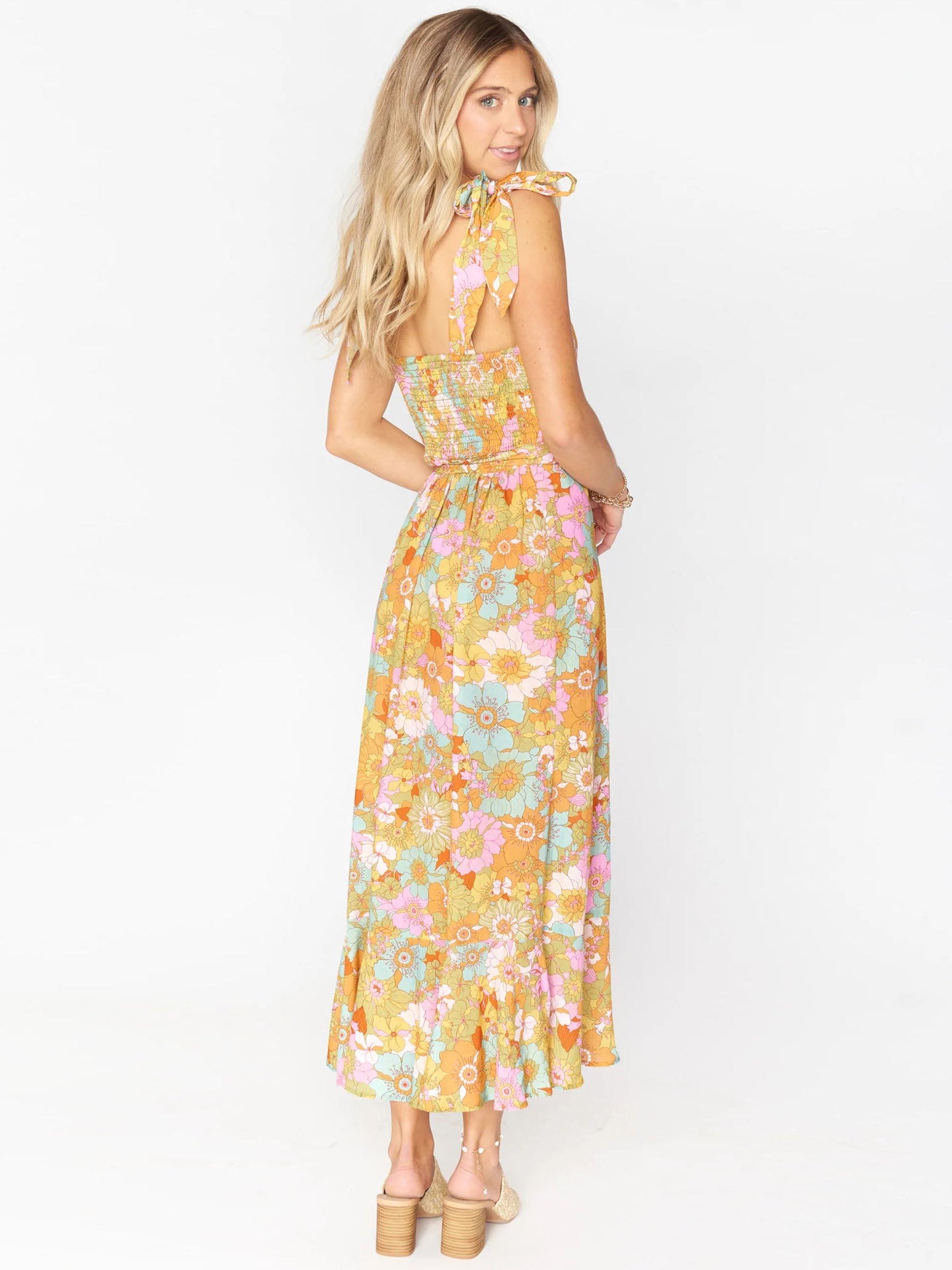 Green Basic Vintage Beach Tank Elegant Retro Floral Long Vestidos Belt Yellow