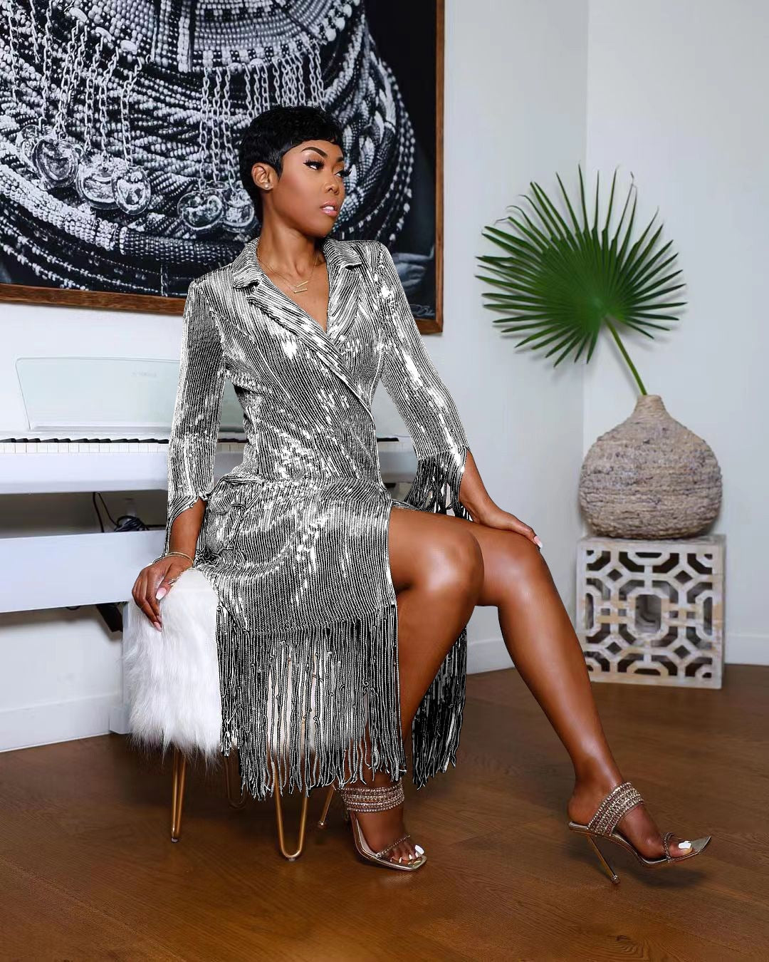 Solid Notched Tassel Sequin Decoration Knee Length Dress