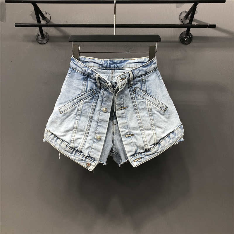 WomenFake Two Pieces of High Waist A-line Thin Denim Shorts Street Style