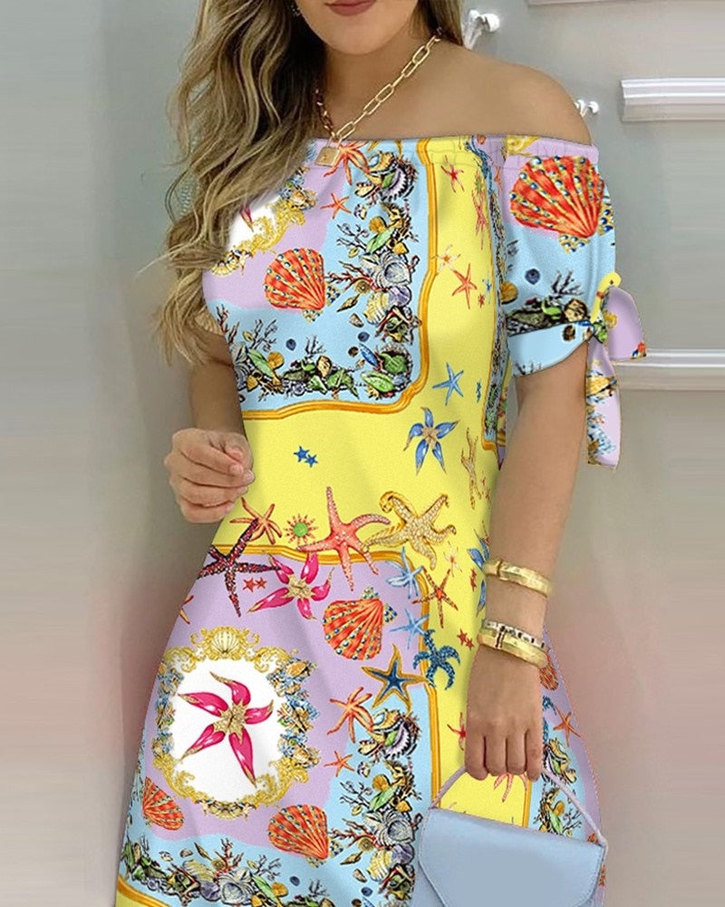 Off Shoulder Summer Mini Dress Short Sleeve Bow Tie Striped Plaid Floral Vestidos