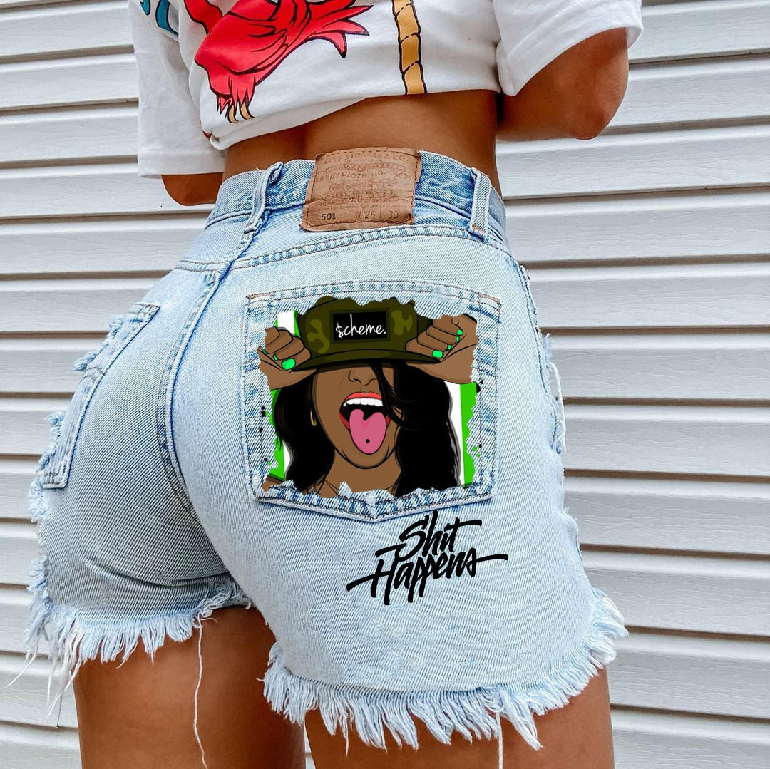 WomenHigh Street INS Net Red Playful Girl Pattern Printed Denim Shorts
