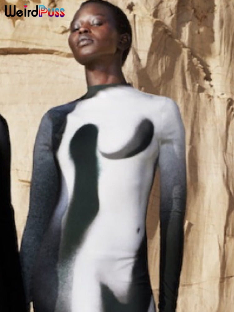 Weird Puss Gradient Maxi Dress Skinny Stretchy Long Sleeve O-Neck Trend Bodycon