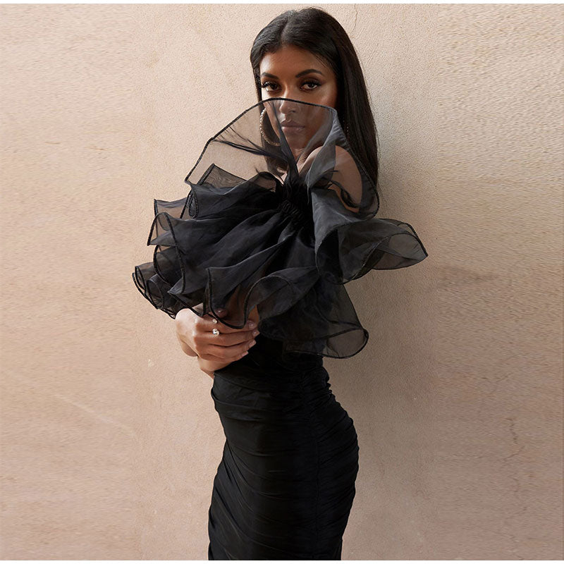 Mesh Ruffle Sleeve Tube Backless Bodycon Dress