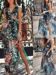 Chiffon Floral Print V-neck Sleeveless Beach Party Dress