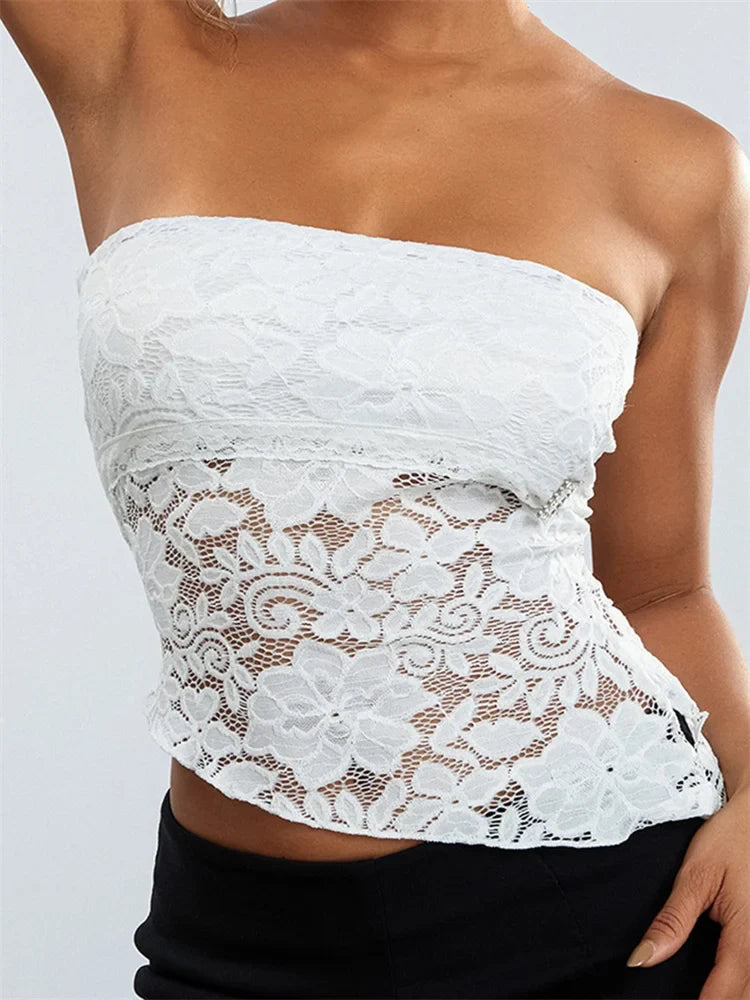 Sexy Summer Fashion Tube Sleeveless Lace Floral Bustiers Irregular Hem Corsets Mini Vest Crop Tops
