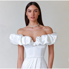 One-Shoulder Puff Sleeve Wrap Chest Slit Long Dress