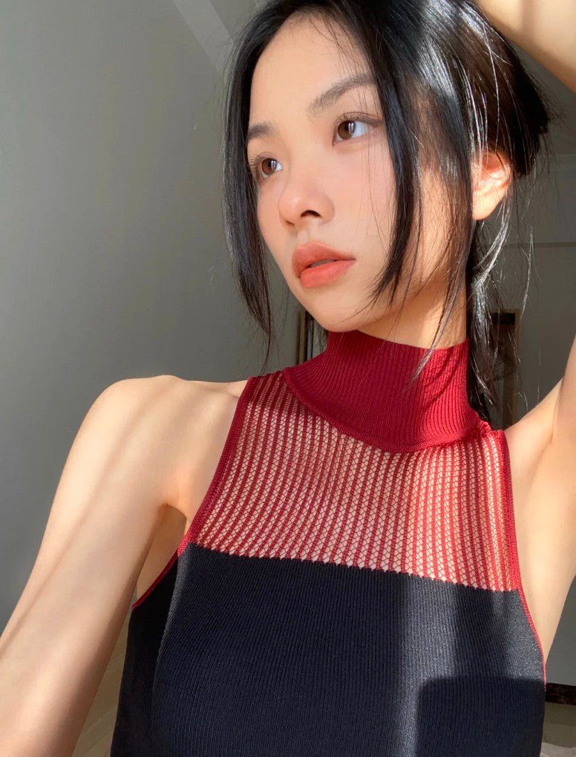Hollow Out Turtleneck Knitted Vest Y2k Style Sleeveless Top