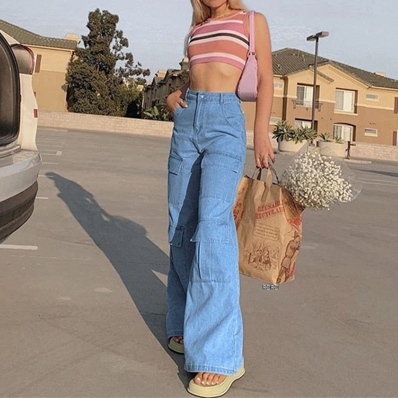 WomenHigh Waist Baggy Jeans Washed Flap Big Pocket Straight Wide Leg Denim Pants Streetwear