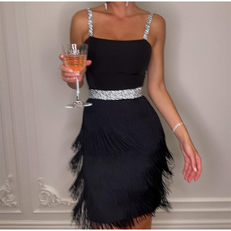 Off Shoulder Suspender Fringed Slim Dress