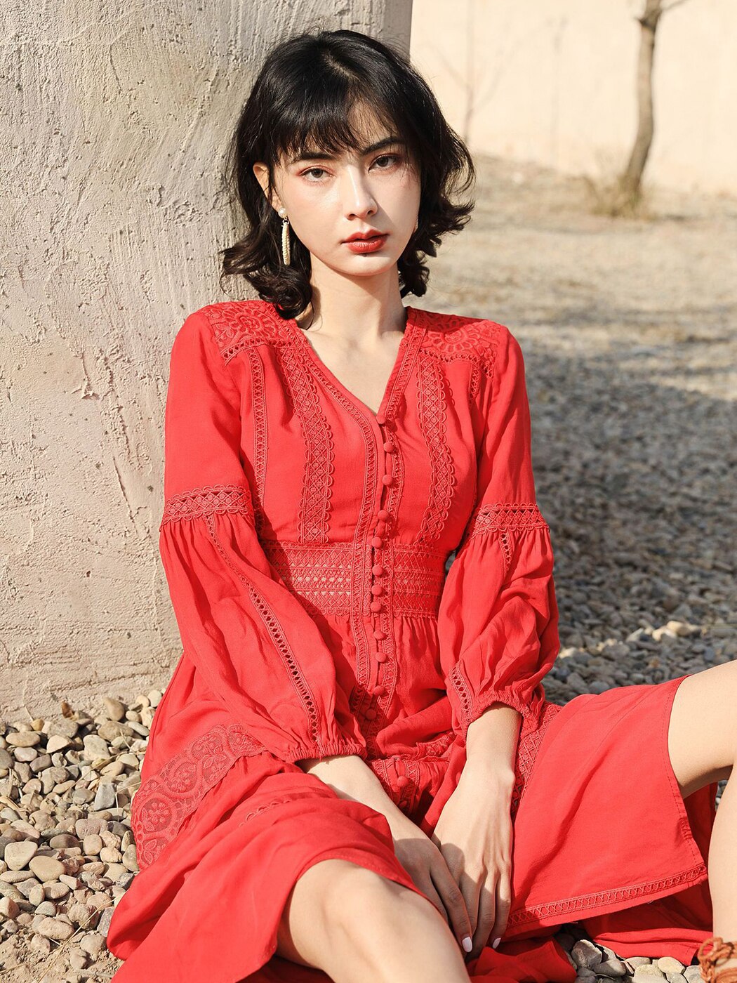 Cotton Patchwork Lace Dresses V-Neck Lantern Sleeve Maxi Dress