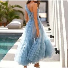 One Shoulder Tulle Mesh Evening Party A-Line Tutu Dress