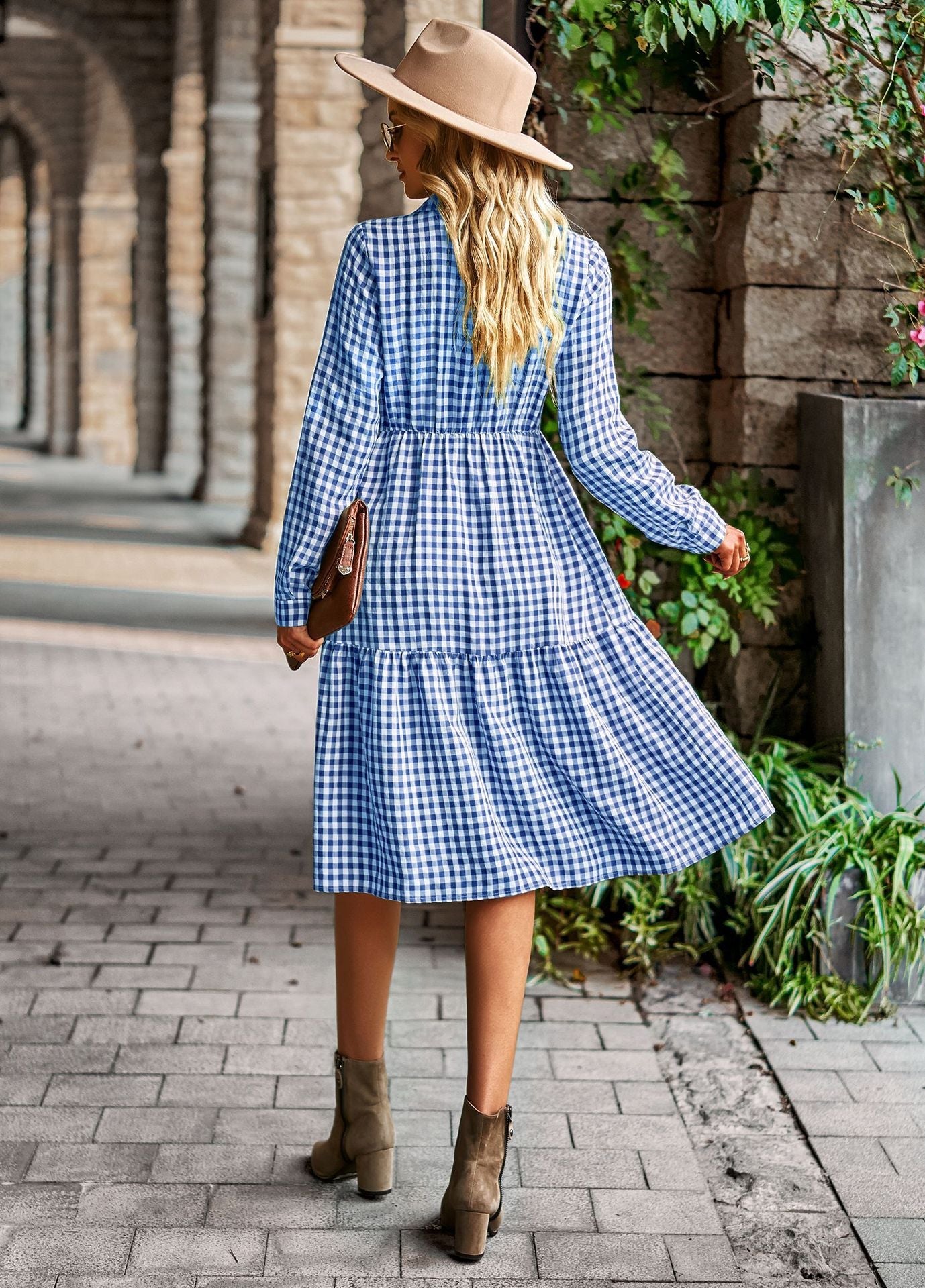 Plaid Print A-line Long Sleeve Shirt Dress