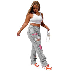 Fashion Heart Print Denim Cut Out Distressed Jeans for Baddie Clothes High Waist Baggy Pants