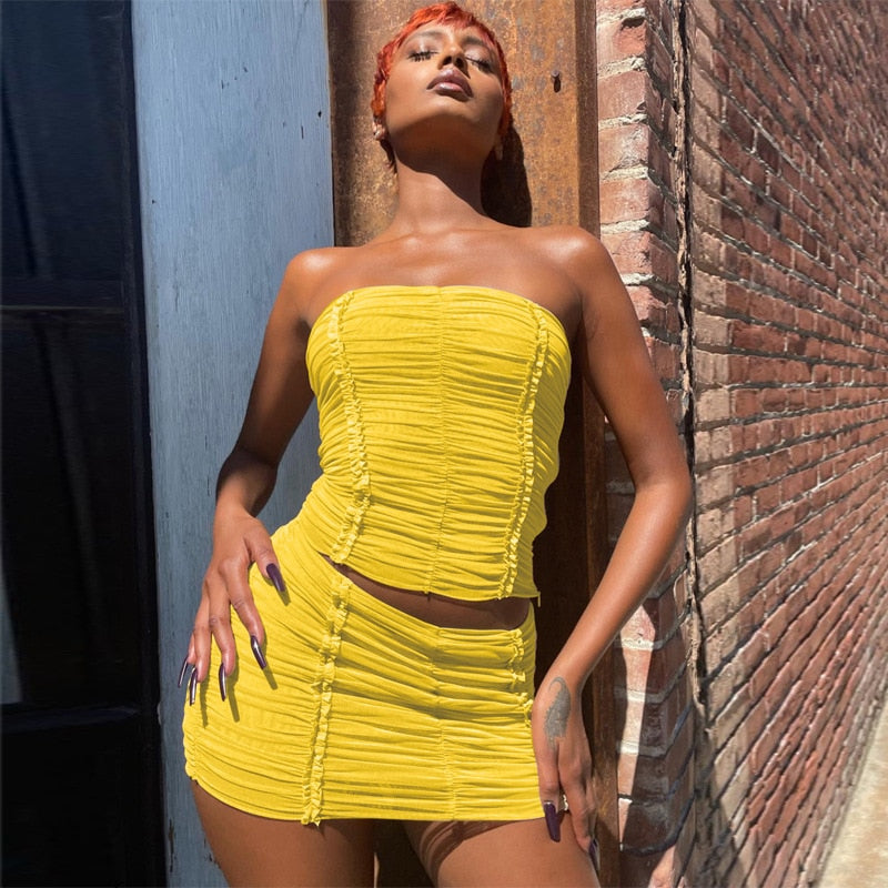 Off Shoulder Ruched Top and Skirt Matching Set