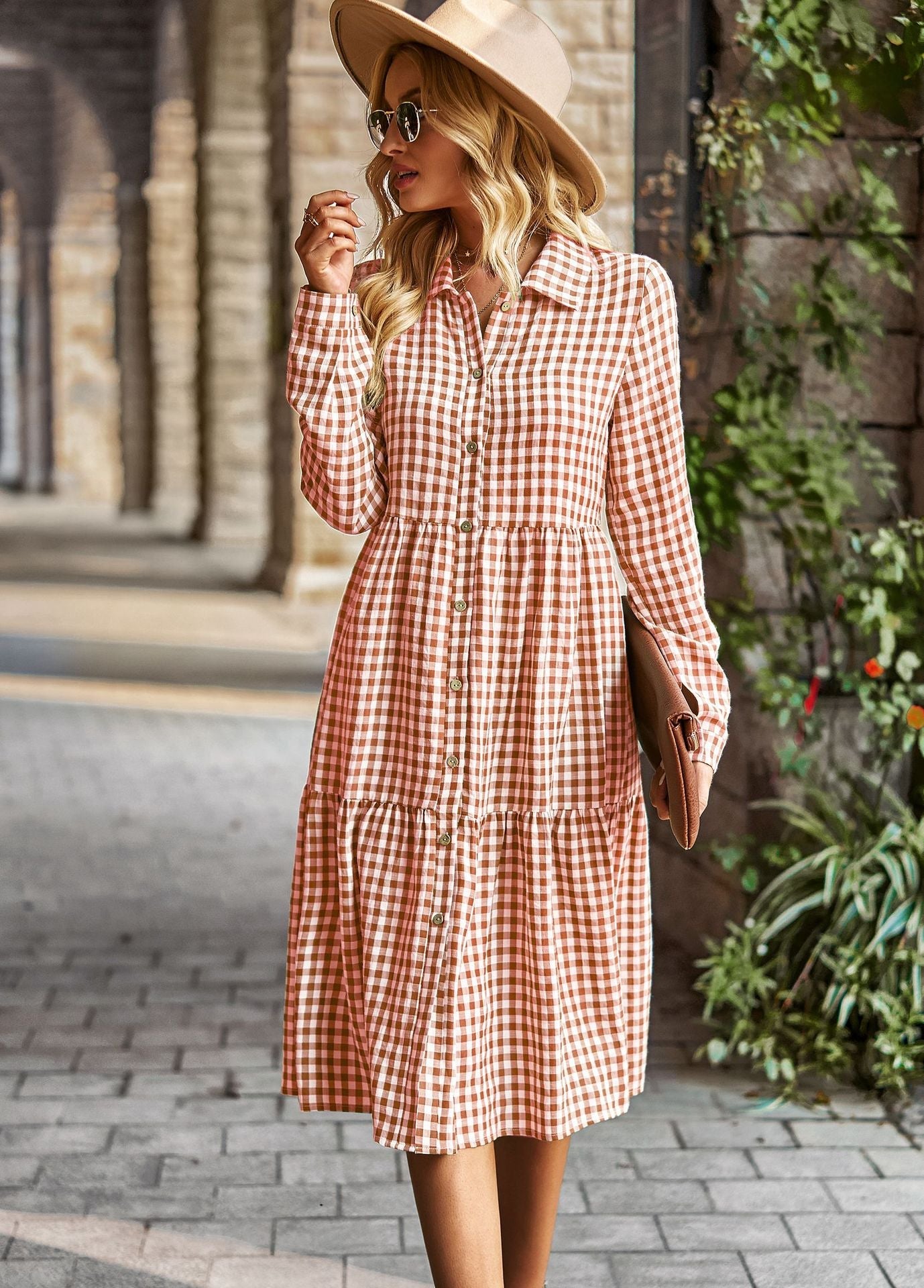 Plaid Print A-line Long Sleeve Shirt Dress