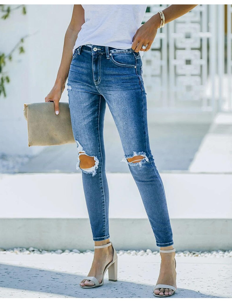 WomenJeans Blue Hight Waist Streetwear Ripped Casual Fashion Denim Pencil Pants