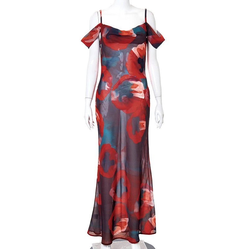Boho Floral Holiday Summer Evening Party Mesh Sundress Vacation Spaghetti A-line