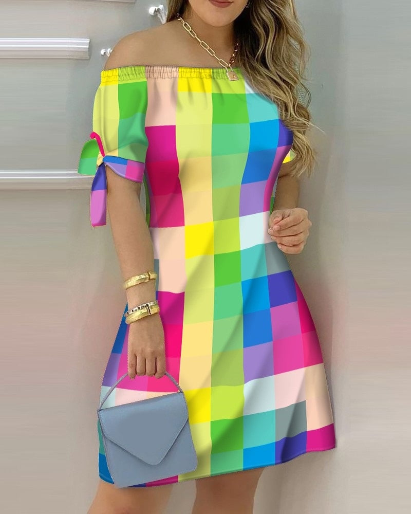 Off Shoulder Summer Mini Dress Short Sleeve Bow Tie Striped Plaid Floral Vestidos