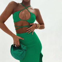 Bandage Cut Out Sexy Halter Neck Top and Skirts Set