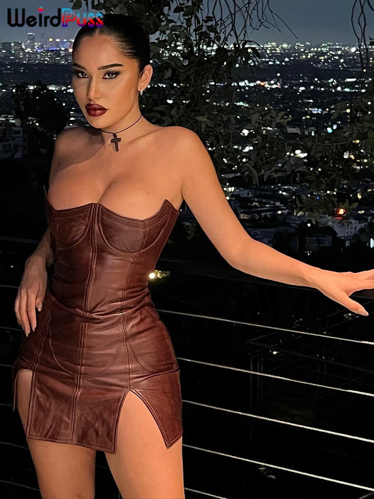 Weird Puss Backless Dress Split Faux Leather Trend Skinny Solid Coquette