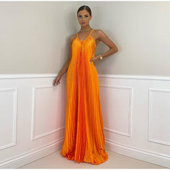 Pleated Long Halter Sleeveless Sling Banquet Dress