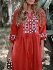 Cotton Linen Embroidery A Neck Ruffle Sleeve Boho Dress