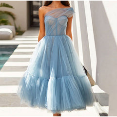 One Shoulder Tulle Mesh Evening Party A-Line Tutu Dress