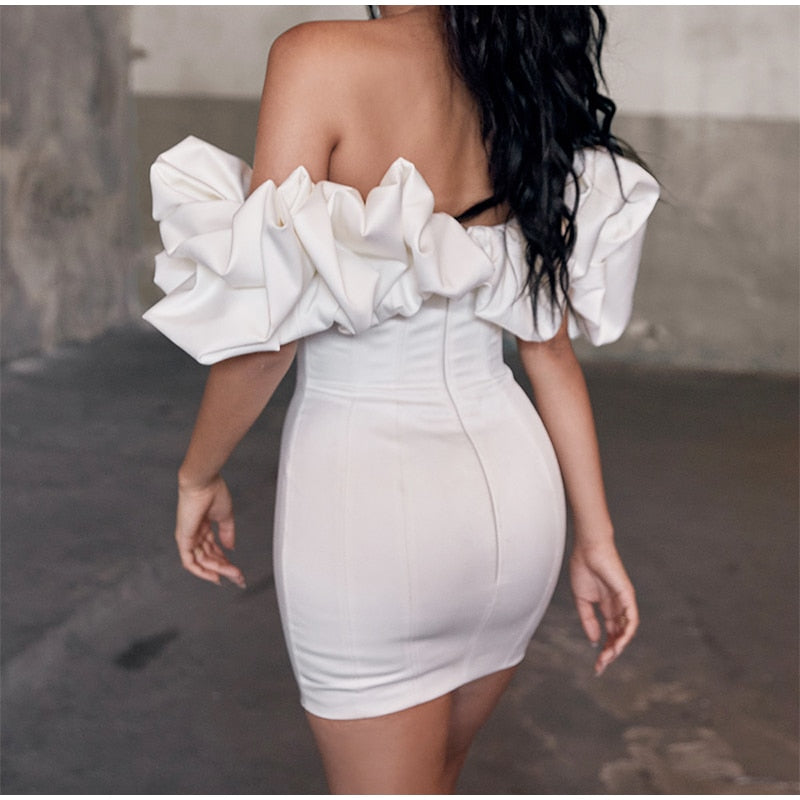 Solid Fishbone Off Shoulder Ruffled One-shoulder Mini Dress