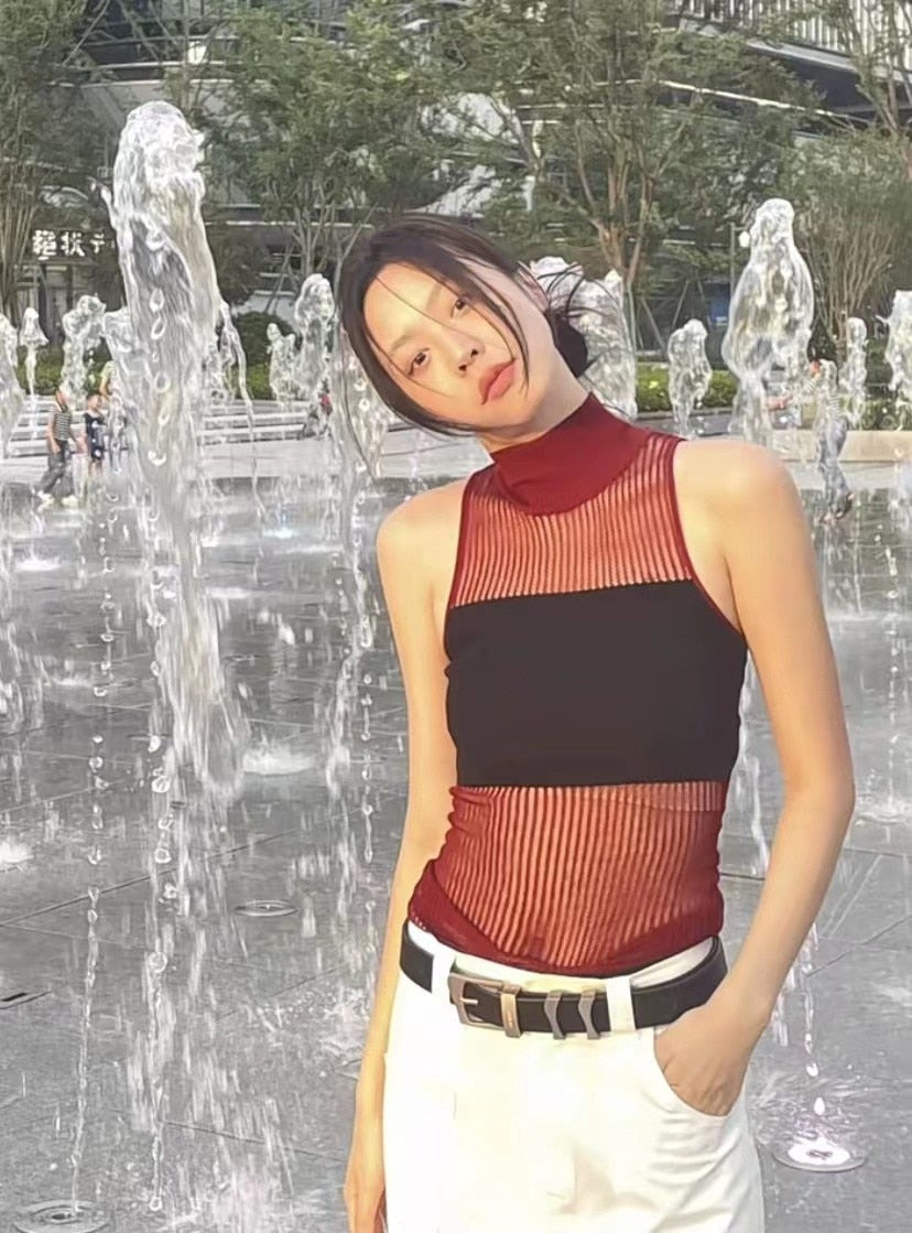 Hollow Out Turtleneck Knitted Vest Y2k Style Sleeveless Top