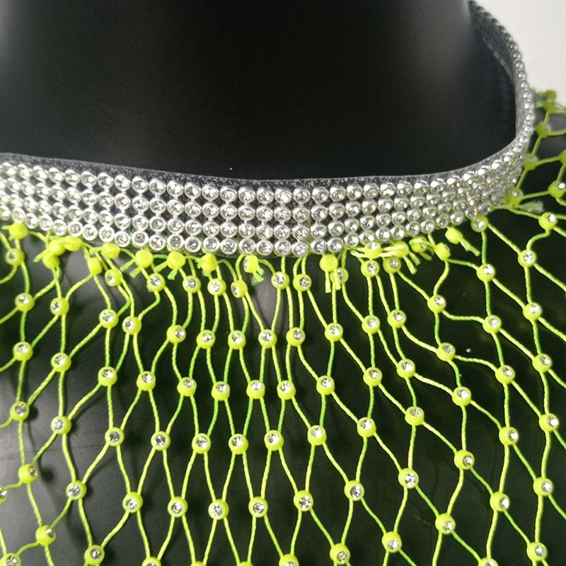 Bling Rhinestones Fishnet Mini Dress Sexy Long Sleeve Crystal Dress