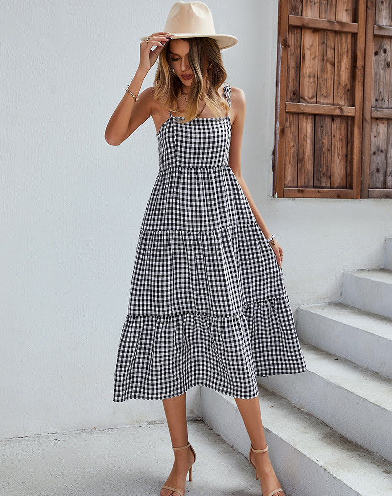 Boho Plaid Backless Casual Ruffles Party Beach Sundress