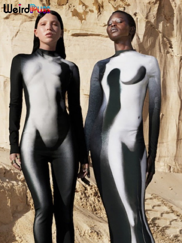 Weird Puss Gradient Maxi Dress Skinny Stretchy Long Sleeve O-Neck Trend Bodycon