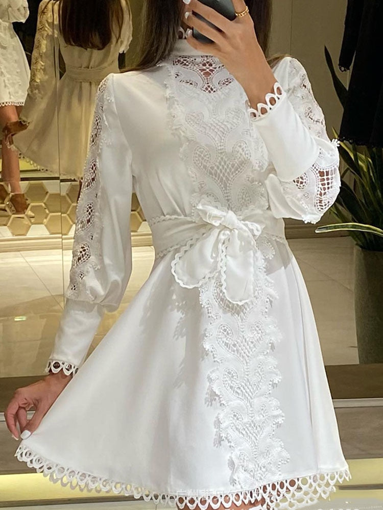 White Lace Hook Flower Hollow Patchwork Boho Long Sleeve Dresses Wedding Party