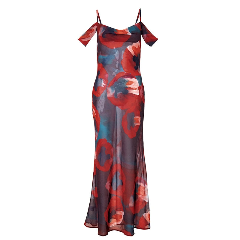 Boho Floral Holiday Summer Evening Party Mesh Sundress Vacation Spaghetti A-line