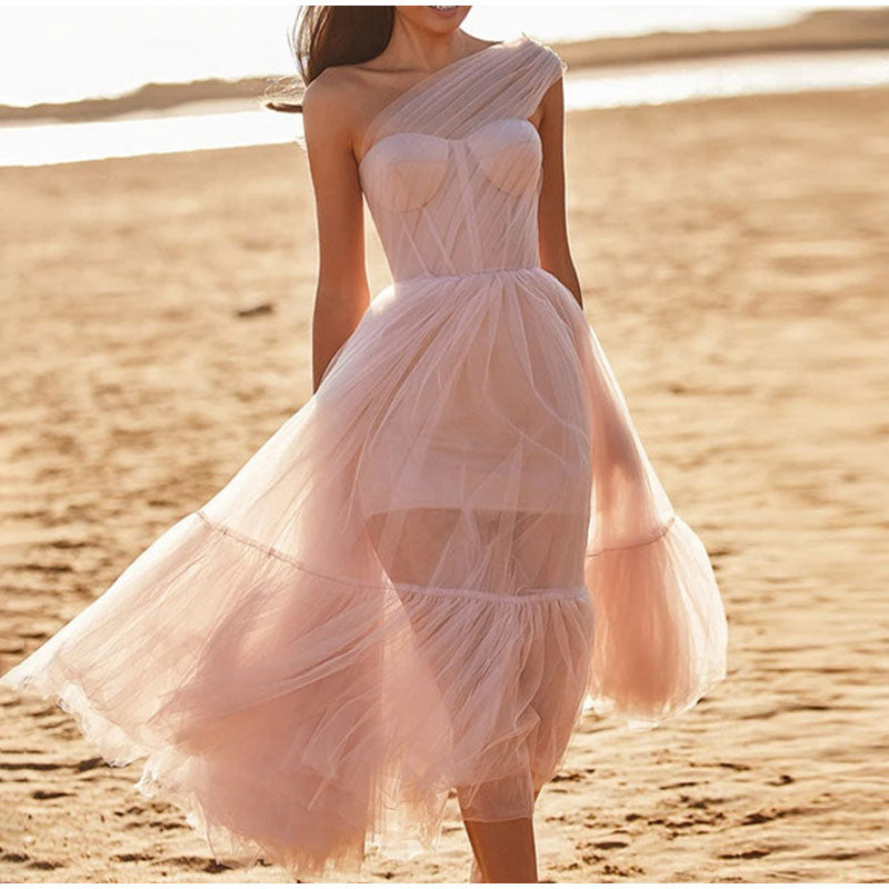 One Shoulder Tulle Mesh Evening Party A-Line Tutu Dress