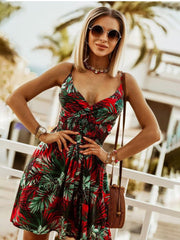 V Neck Floral Print Spaghetti Strap Sleeveless Beach Dress