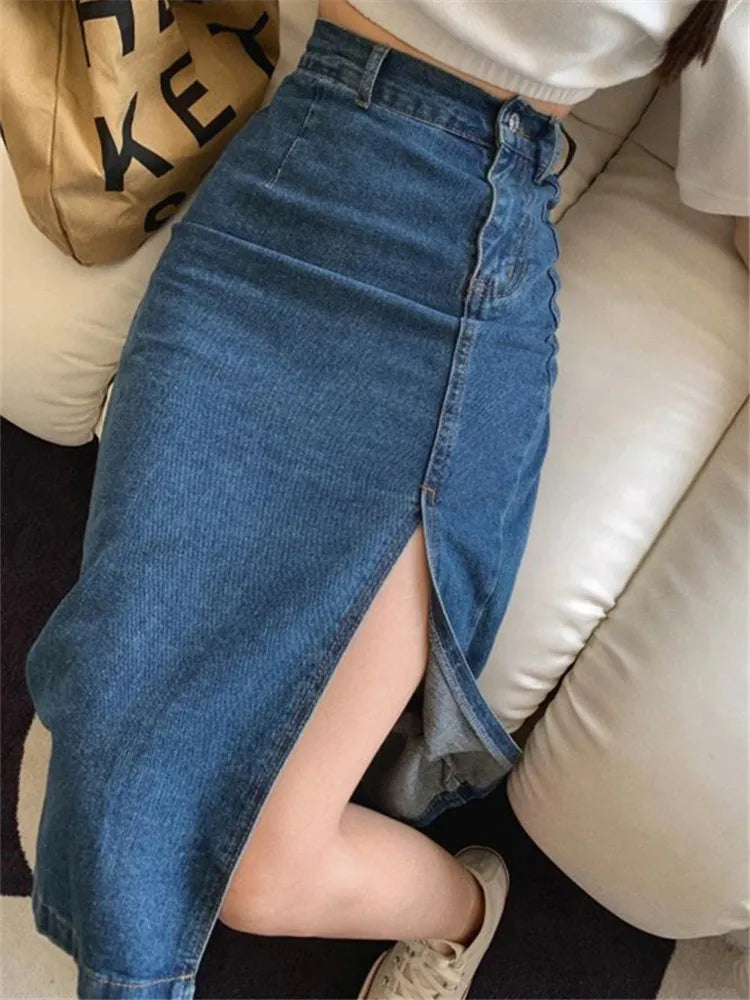 Midi Spring Summer Side Split High Wasit Jeans Straight Female Skirt
