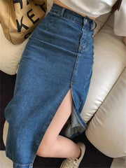 Midi Spring Summer Side Split High Wasit Jeans Straight Female Skirt