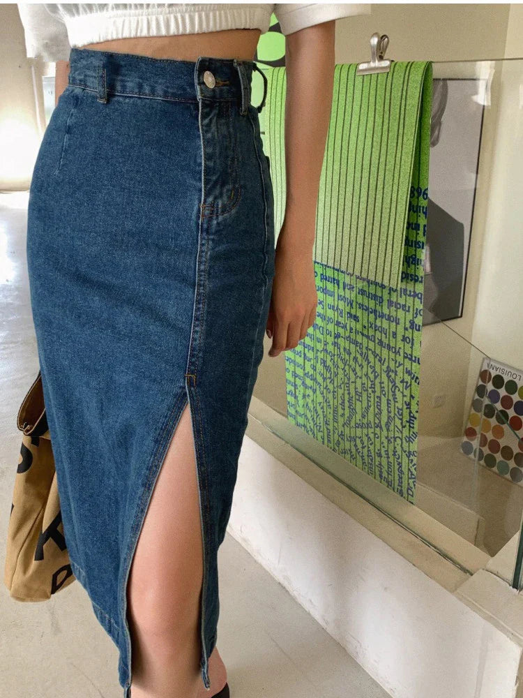 Midi Spring Summer Side Split High Wasit Jeans Straight Female Skirt