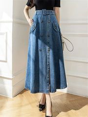WomenLong Skirt With High Wasit Double Breasted Umbrella Jeans Female Skirt