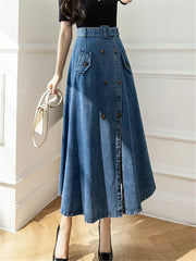 WomenLong Skirt With High Wasit Double Breasted Umbrella Jeans Female Skirt