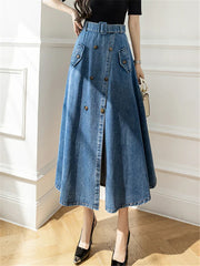 WomenLong Skirt With High Wasit Double Breasted Umbrella Jeans Female Skirt