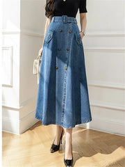 WomenLong Skirt With High Wasit Double Breasted Umbrella Jeans Female Skirt