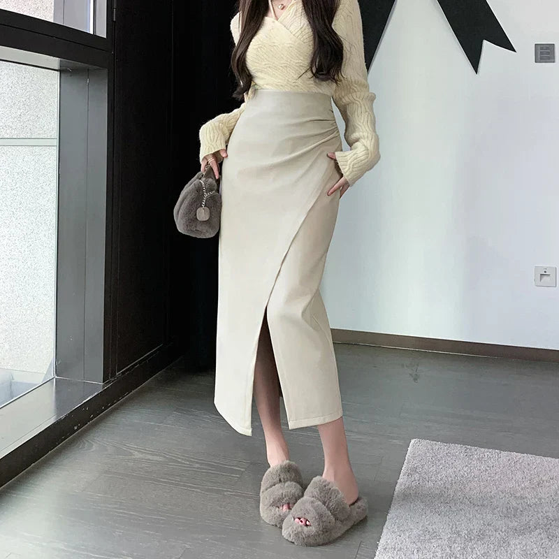 Autumn Front Split Long New High Waist Classic Office Pleated A-Line Skirt